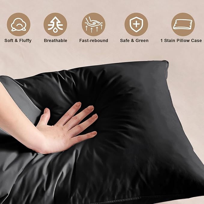BHZ Black Satin Goose Down Feather Pillows Queen Size with Black Satin Pillowcase for Hair and Skin, Cooling Pillow Cases Similar to Silk Pillow Cases, Decorative for Women, Mom Men