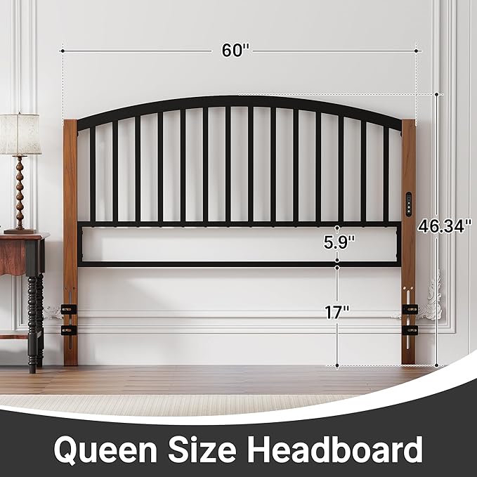 Weehom Headboard Queen Size with LED Light, USB & Type C Port and Touch & Remote Control, Adjustable Height Queen headboard only, Metal Bed Headboard with Vintage Cherry Wood Grain Legs