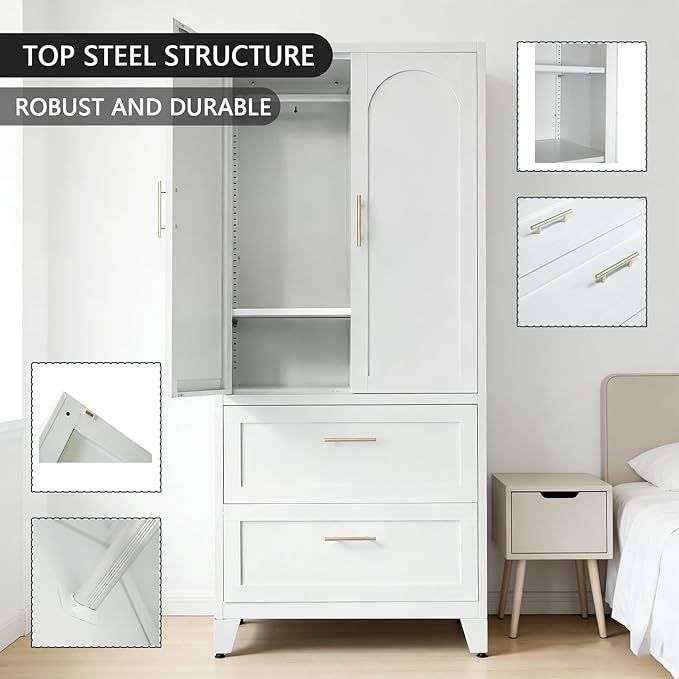 Modern 71" Steel Armoire Wardrobe Closet with 2 Drawers and Hanging Rod, Sturdy Metal 2 Door Armoire for Small Bedroom, Wardrobe Cabinet with Adjustable Shelves for Apartments, (White)