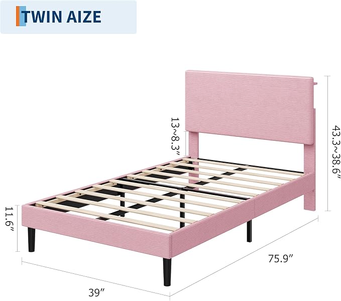 IDEALHOUSE Twin Size Bed Frame, Platform Bed with Adjustable Corduroy Upholstered Storage Headboard and Charging Station, Sturdy Metal Support, Noise Free, Easy Assembly, Pink