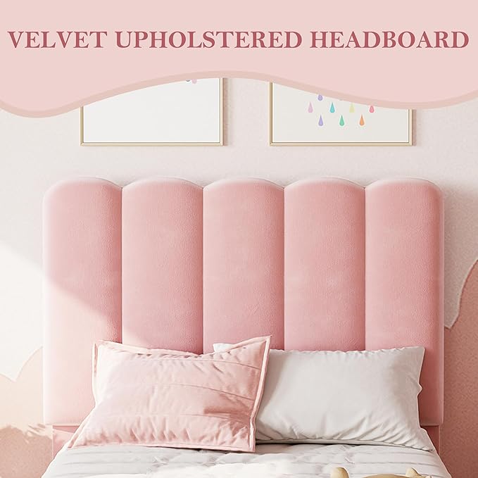 IDEALHOUSE Twin Bed Frame with Storage Drawer and Headboard, Velvet Upholstered Twin Platform Bed Frame for Girls, Strong Wooden Slats Support, Noise-Free, Easy Assembly (Pink)