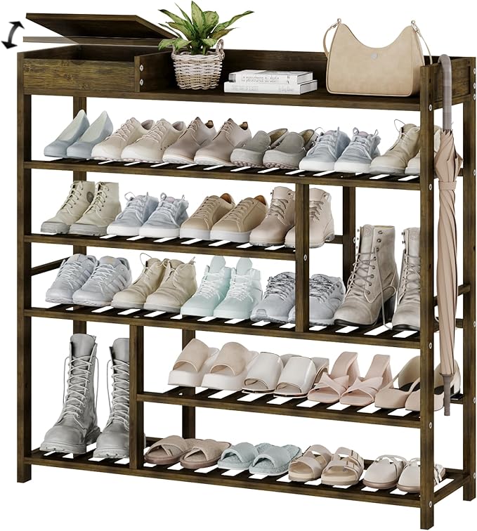 Bamworld Shoe Rack for Front Door Entrance Bamboo Shoe Organizer with Storage Box Free Standing Shoe Cabinet Wooden Shoe Storage Shelf for entryway, Closet and Doorway (Dark Brown)