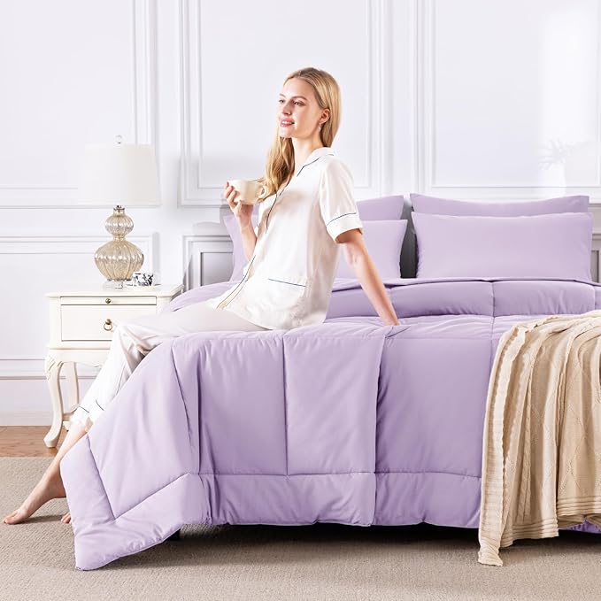 CozyLux Full Size Comforter Sets Lavender, 7 Pieces Bed in a Bag, Light Purple Comforter Full Size, All Season Bedding Sets with Stitch Quilted Comforter, Flat Sheet, Fitted Sheet, Pillowcases