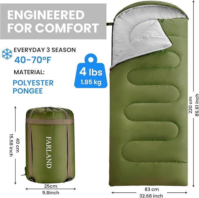 FARLAND Sleeping Bags for Adults, 3 Season Warm & Cool Weather, Lightweight Camping Sleeping Bag for Kids Family Camping Essentials with Compression Sack for Hiking