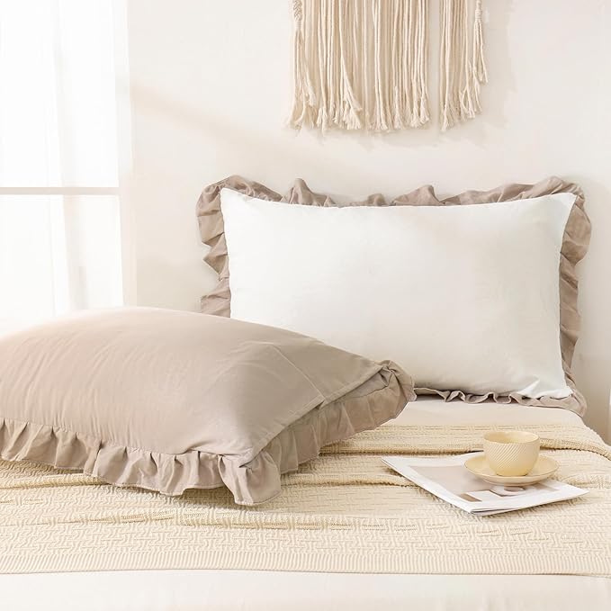 Merryword Taupe Pillow Shams White and Taupe Reversible King Pillowcases Cute Pillow Cover Set of 2 Soft Shabby Chic Ruffled Pillowcases 2 Pack (King (20''x36''), White Taupe)