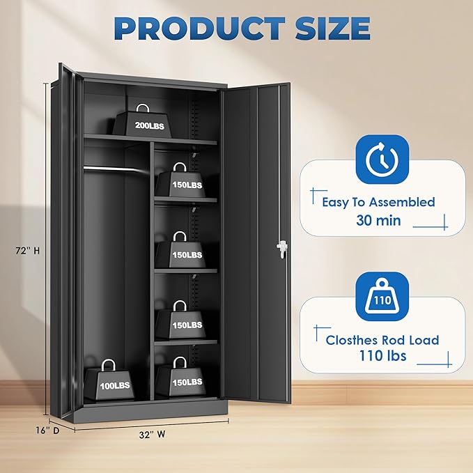 INTERGREAT Metal Armoire Wardrobe Closet with Lock, 72" Clothing Storage Cabinets with Hanging Rod and 4 Adjustable Shelves, Armoire Wardrobe for Office, School, Employee, Government (Black)