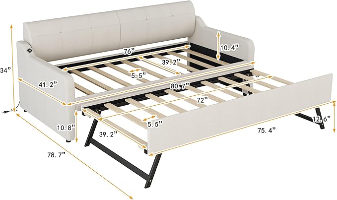 Daybed with Trundle and USB Charging Design, Twin Size Upholstery Day Bed Frame, Trundle can be Flat or erected,Beige