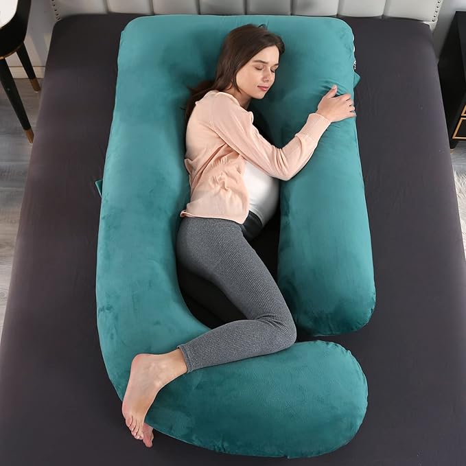 U-Shaped Full Body Pregnancy Pillow for Sleeping – 57" Maternity Pillow with Removable Cover, Support for Back, Legs, Belly & Hips (Velvet-Forest Green)