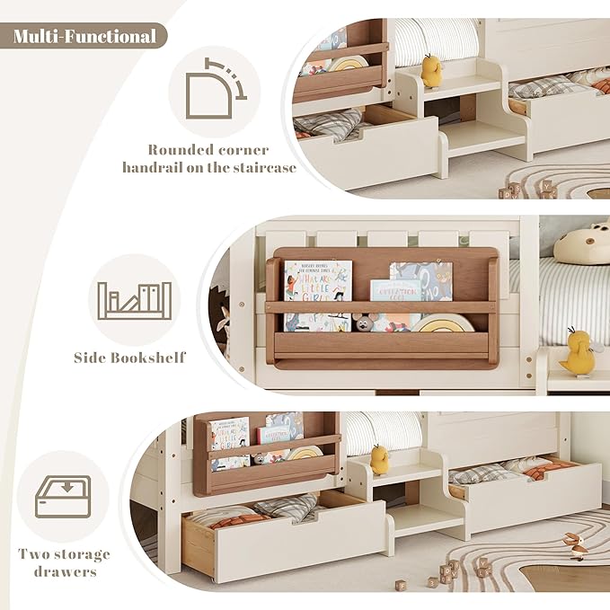 Bellemave Queen Bed with Storage Drawers & Bookshelf, Low Profile Kids Bed Frame with Staircase & Full Length Guardrails, Solid Wood Queen Bed for Kids with Slats Load 550LBS, Easy Assembly, Beige