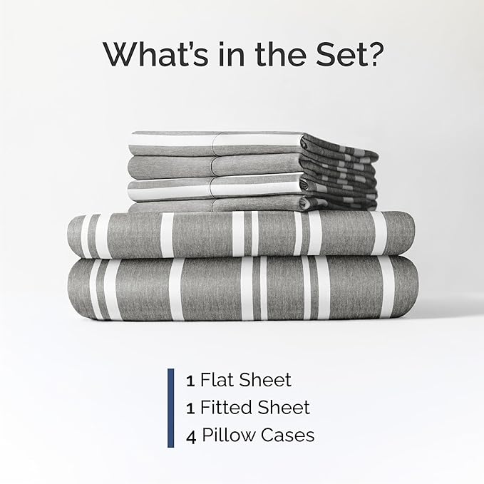 Cal King 6 Piece Sheet Set - Comfy, Breathable & Cooling - Soft Hotel Luxury Bedding for Women, Men, Kids, Teens & Children - 1 Flat & 1 Fitted Sheet & 4 Pillowcases w/ Deep Pockets - Grey Stripes 3