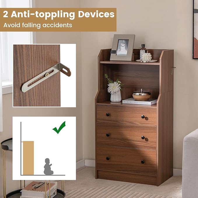Tall 3 Drawers Dresser, Wood Chest of Drawers with 2 Open Shelves, Modern Nightstand with Anti-Toppling Device, Home Storage Cabinet Dresser Closet for Bedroom, Living Room, Entryway (Walnut)