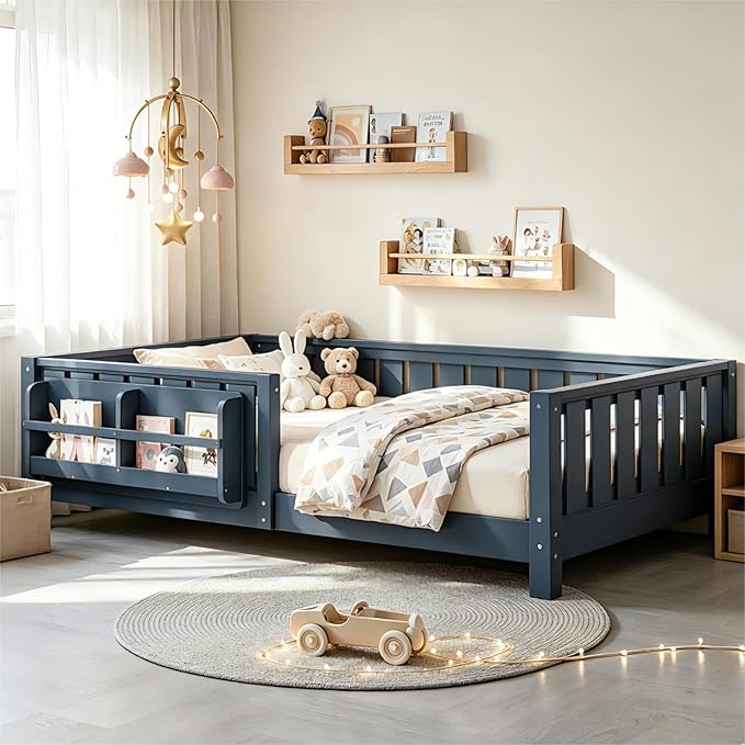 Bellemave Twin Floor Bed Frame with Fence & Bookshelf, Solid Pine Wood Twin Montessori Floor Bed with Slats Load 250LBS, Low Profile Floor Bed for Kids, Bedroom, Nursery, Easy Assembly, Blue
