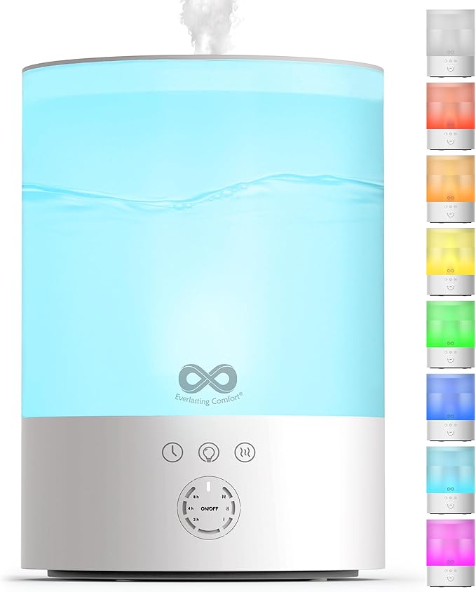Everlasting Comfort 2.5L Top Fill Humidifier for Bedroom – Quiet, Easy to Fill & Clean, 24HR Runtime, Night Lights, Timer, Ultrasonic Cool Mist, Auto Shut-Off for Indoor Use - White