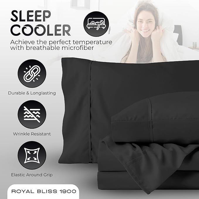 Split Queen Sheets - 5 Pcs Set of Sheets for Adjustable Bed - Soft, Wrinkle-Resistant (Black)