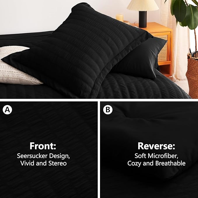 CozyLux King Size Comforter Set Black Seersucker 7 Pieces Bed in a Bag King Comforter Set with Sheets, Luxury Soft Bedding Sets with Down Alternative Comforter, Sheets, Pillowcases & Shams All Seasons
