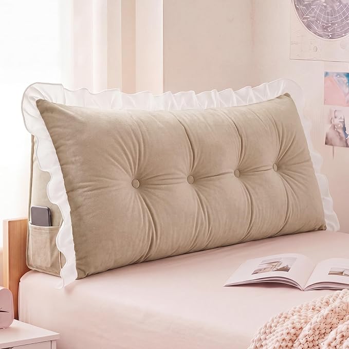 Leinuosen 39 in Ruffle Wedge Headboard Pillow for Dorm Twin XL College Bed Reading Bolster Dorm Velvet Triangular Bed Backrest Wedge Pillow Cushion for College Reading Support(Warm White)