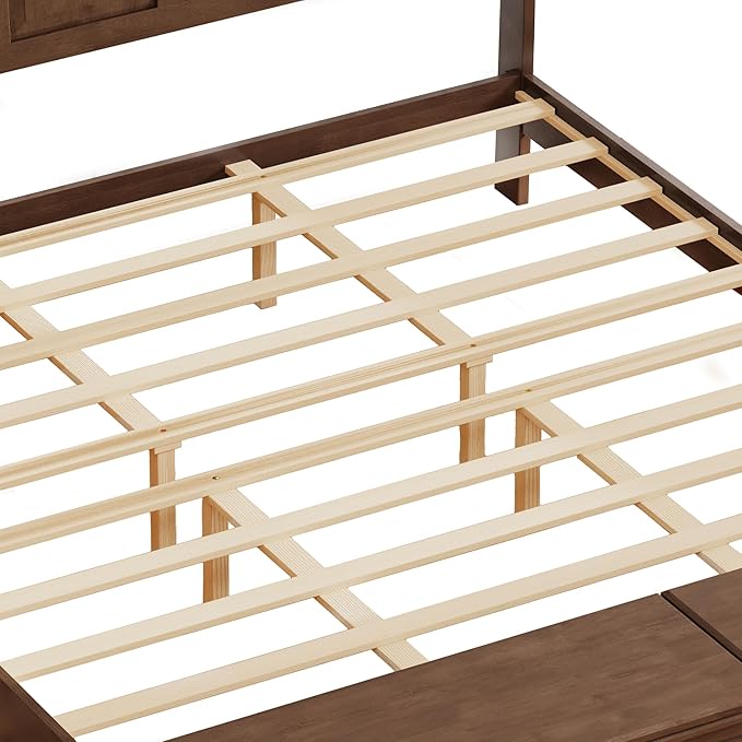 KEIKI King Size Platform Bed Frame with Storage Chest, Wooden Sleigh Bed with High Headboard and Footboard Storage Bench, Solid Wood Construction, No Box Spring Needed, Walnut Brown