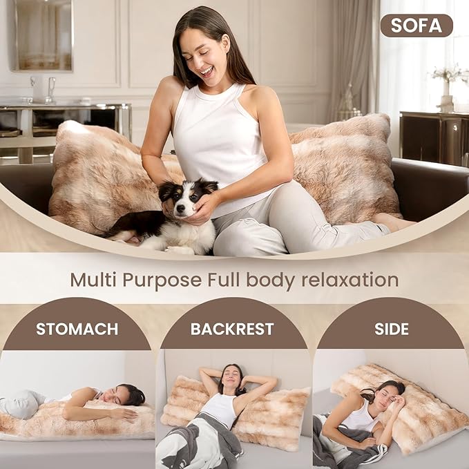 ZonLi Fluffy Body Pillow for Adults, Fuzzy Faux Fur Body Pillow with Shredded Memory Foam, Adjustable Support for Side Sleepers, Pregnancy & Decor, Gifts, 20 x 54 Inch, Light Tan