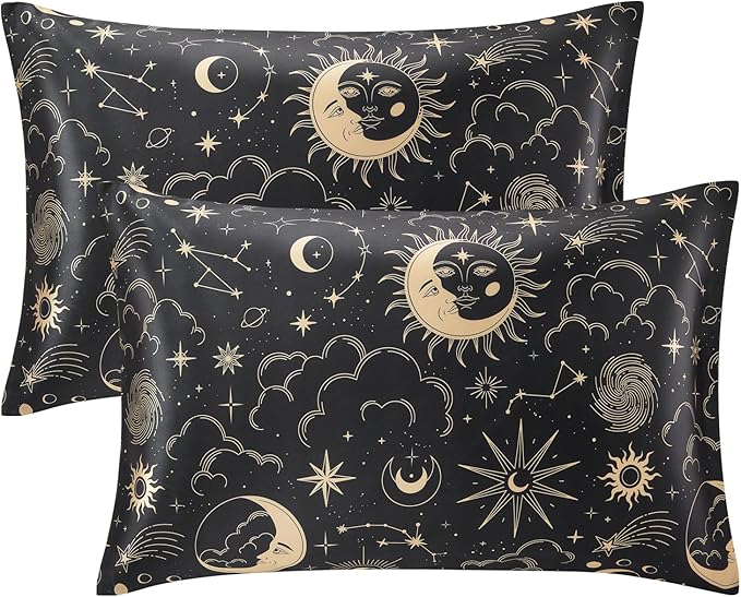 EXQ Home Satin Pillowcase for Hair and Skin - Black Printed Silk Pillowcase 2 Pack 20x26 inches - Standard Satin Pillow Cases Set of 2 with Envelope Closure, Gifts for Women Men