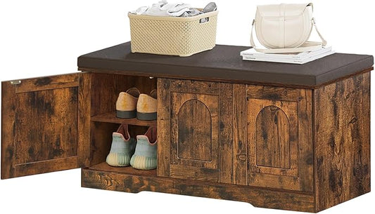 DINZI LVJ Shoe Bench, Entryway Storage Bench with Doors, Cushion, 2-Tier Shoe Rack with 6-Cubby, 39.4”L x 13.8”W Shoe Organizer Cabinet, Adjustable Shelf, Living Room, Bedroom, Rustic Brown