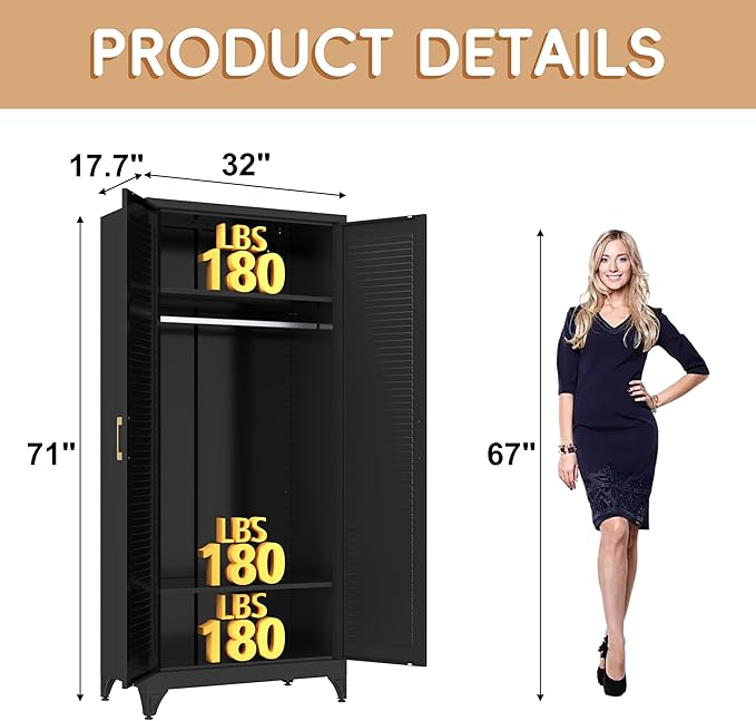 SteeLoong 71" Metal Wardrobe Cabinet with Hanging Rod, Armoire Wardrobe Closet with Doors and Adjustable Shelves, Black Clothing Storage Cabinets for Bedroom Office,School,Hospital