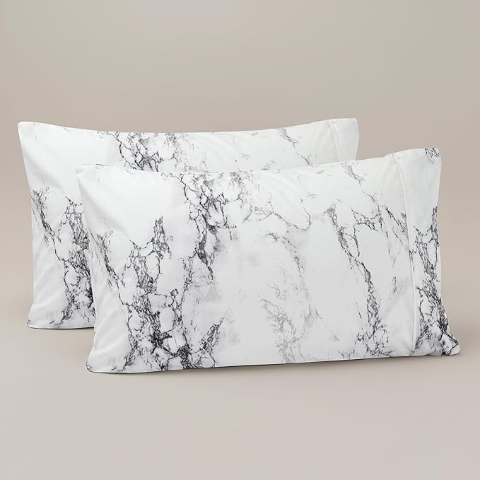 Elegant Comfort Luxury Ultra-Soft 2-Piece Pillowcase Set - 1500 Premium Hotel Quality Microfiber Double Brushed - Wrinkle Resistant, Standard/Queen, Marble Pattern White