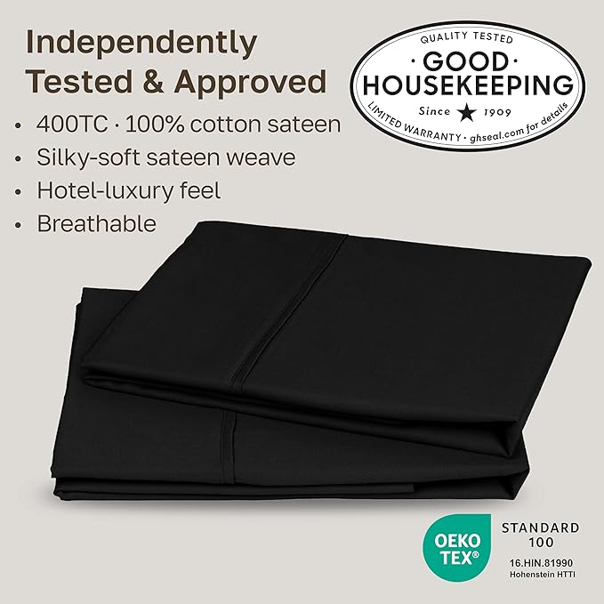 California Design Den King Size Pillowcase Set - 400 Thread Count, 100% Cotton Sateen, Set of 2 Pillow Covers, Soft and Breathable - Black