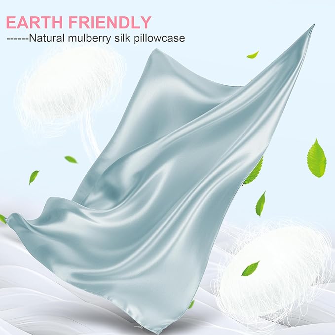 Silk Pillow Cases 2 Pack King Size with Hidden Zipper, Mulberry Silk Pillowcase for Hair and Skin, Smooth and Soft Breathable Cooling Silk Satin Pillowcase Set of 2, Gifts for Women，Haze Blue