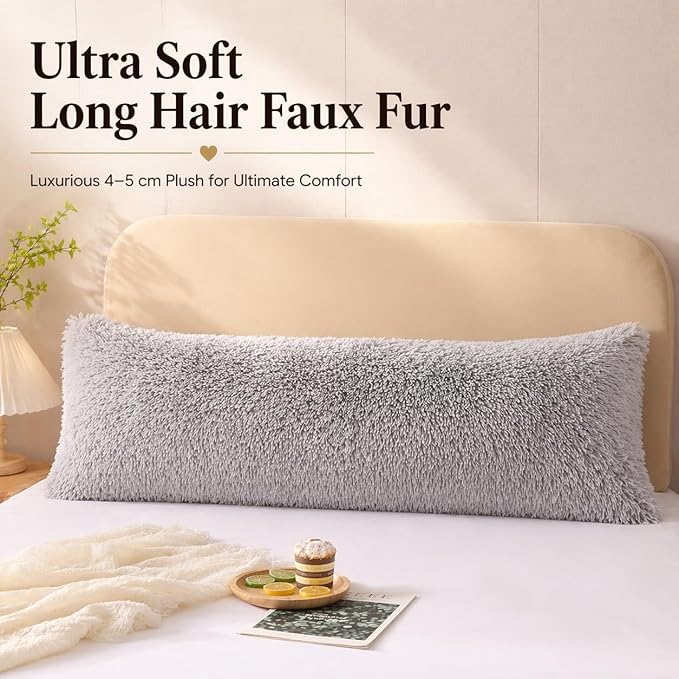 Reafort Luxury Faux Fur Body Pillow Cover 21" x 54", Long Hair PV Plush Body Pillow Case with Hidden Zipper Closure, Ultra Soft Fluffy Decorative Long Pillow Cover (Gray, Body)