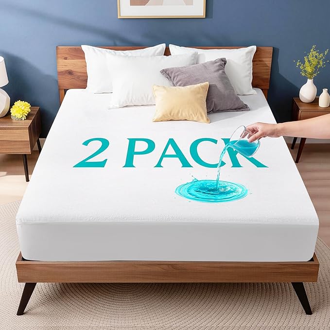 2 Pack Water Proof Mattress Protector Queen Size, Soft Bed Mattress Cover Noiseless with Deep Pocket Fitted for 8"- 21", Breathable Washable Protector Cover for Home, Bedroom, Hotel (White)