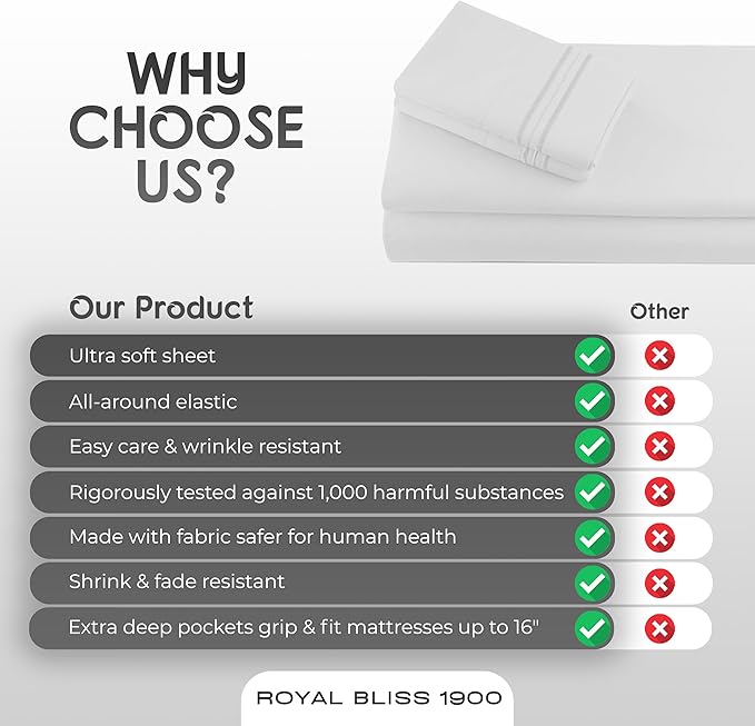 Royal Bliss Split Sheets - 5Pc Set - Easy Fit California King Size - Adjustable Bed Compatible (White)