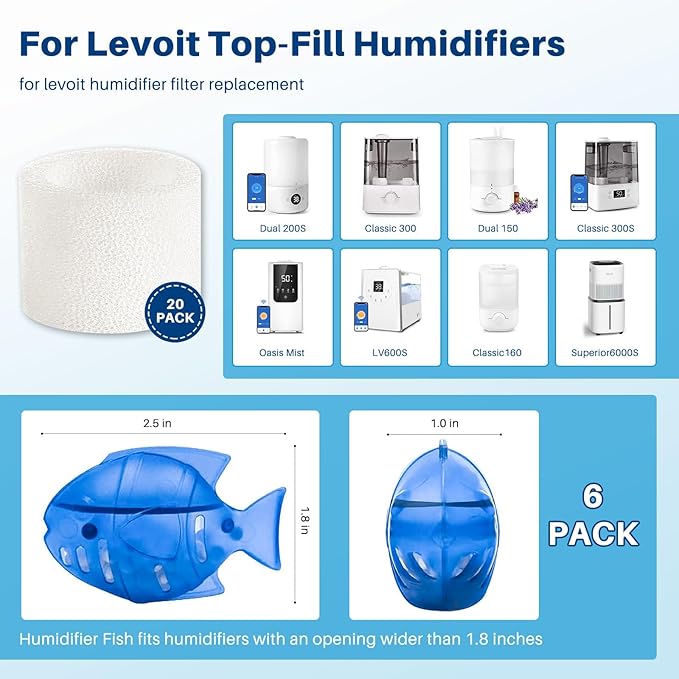 Top Fill Humidifier Filter Replacement for LEVOIT Classic160, Dual150, Dual200S, Classic300(S), LV600S, OasisMist 450S, Superior6000S Series Humidifiers to improve Humidification- 20 Filters + 6 Fishs