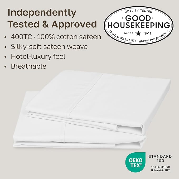 California Design Den King Size Pillowcase Set - 400 Thread Count, 100% Cotton Sateen, Set of 2 Pillow Covers, Soft and Breathable - Antique White