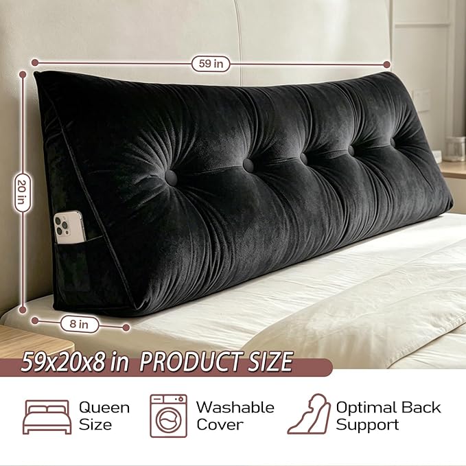 Headboard Pillow Queen, Triangle Wedge Pillow for Headboard, Ergonomic Backrest Cushion for Reading Sitting Working Removable Crystal Velvet Cover for Bed Dorm Sofa (Black, Queen)