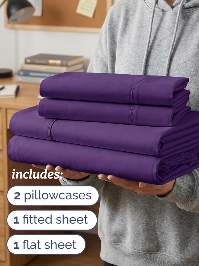Twin XL 4 Piece Sheet Set - Comfy, Breathable & Cooling - Hotel Luxury Bedding for Women, Men, Kids, Teens & Children - 1 Flat & 1 Fitted Sheet & 2 Pillowcases w/ Deep Pockets - Wrinkle Free - Purple