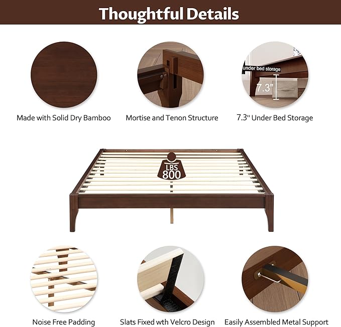 Merax Mid-Century Bamboo Platform Bed with 48" Upholstered High Headboard, King Size Bed Frame with Wood Slat Support, No Box Spring Needed, Easy Tool-Free Assembly, Beige+ Chocolate