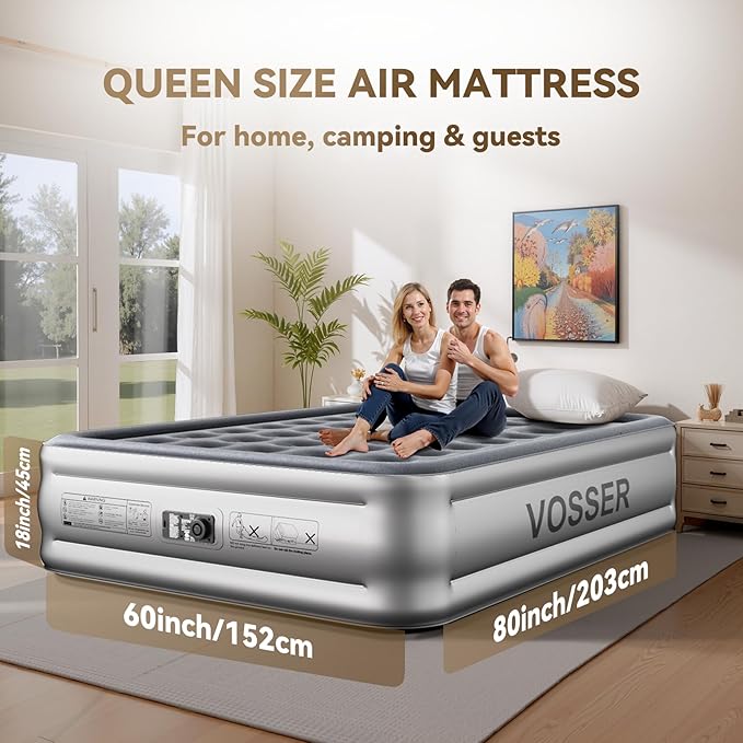 VOSSER Air Mattress Queen with Built in Pump,Blow Up Mattress in 3 Mins,18'' Raised Self Inflatable Mattress,Portable Airbed for Home,Floor&Travel,Queen Size Air Matress for Adults,660LB Max,Silver