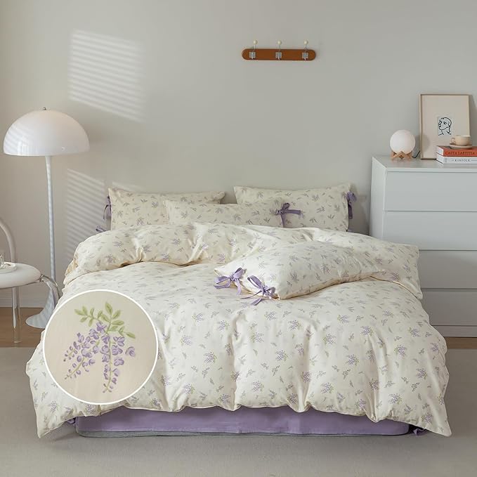 mixinni Lavender Flower Duvet Cover Queen Cotton Teenage Girls Flower Leaf Print 3pc Soft Cottage Ribbon Bedding Set Comforter Cover with Bowknot Pillowcase Perfect for Girls- (3pcs, Queen Size)