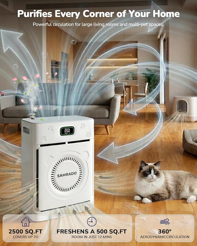 Air Purifier for Home Pets up to 2500 Ft², H13 HEPA Pet Hair Purifier for Litter Box Odor Smoke, Pet-Friendly Aromatherapy Diffuser, Smart App, Washable Pre-filter, PM2.5 Monitor for Bedroom Apartment