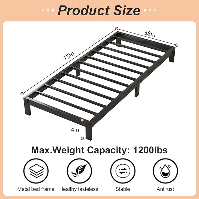 4 Inch Twin Bed Frame Heavy Duty Low Profile Metal Platform No Box Spring Needed with Steel Slat Support,Easy Assembly,Noise-Free (4 inch,Twin)