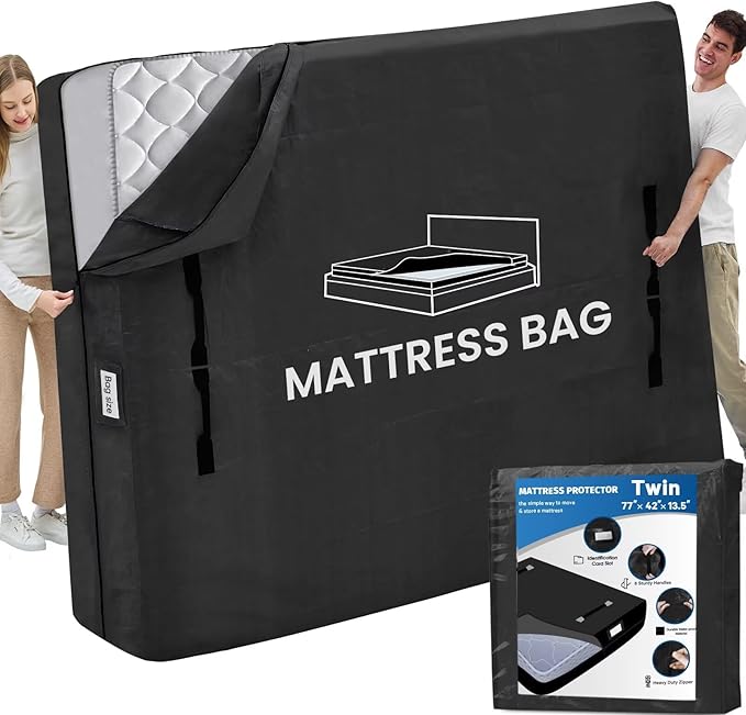 Mattress Bags for Moving and Storage, BETU Twin Mattress Protector Waterproof Mattress Cover with 8 Heavy Duty Handles and Zipper Extra Thick Moving Supplies for Dorm Bed Reusable (77x42x13.5 Black)