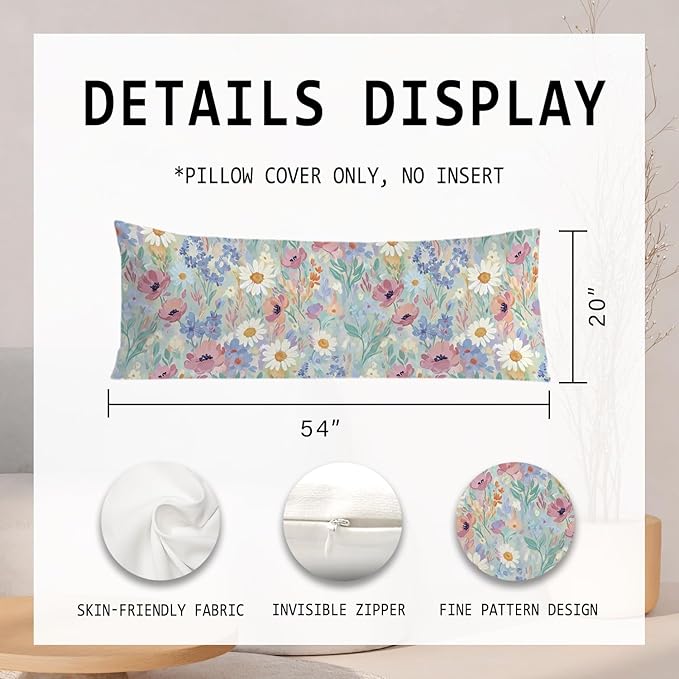 Spring Floral 20x54 Body Pillow Cover, Spring Home Room Decor, Pastel Cottagecore Botanical Wildflower Decorative Long Body Pillow Cases for Bed Couch