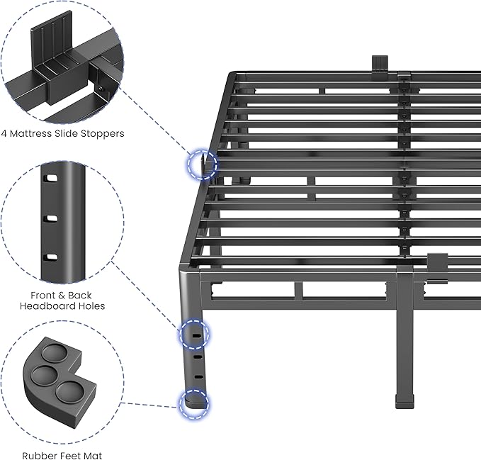 NKZ 18 Inch Queen Size Metal Bed Frame & Box Spring 2 in 1 Platform with Round Corner Legs, 4000Lbs Heavy Duty, Mattress Slide Stopper, Headboard Hole, Noise-Free, Easy Assembly