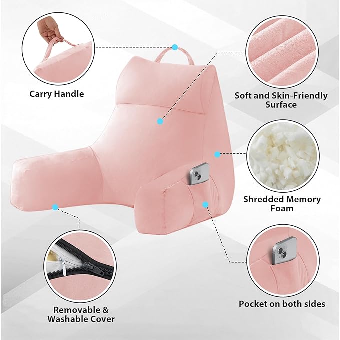 IPYNBAP Back Pillow for Bed Sitting up, Reading Pillow for Sitting in Bed Adult, Back Support Pillow, Memory Foam Sit up Lounge Backrest Pillow with Arms for TV, Couch, Chair, Dorm, 18 Inch, Pink