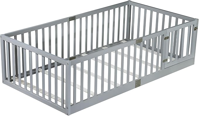 Bellemave Twin Size Montessori Floor Bed with 21.5" High Rails, Rubber Wood Twin Floor Bed with Slats and Door, Gray