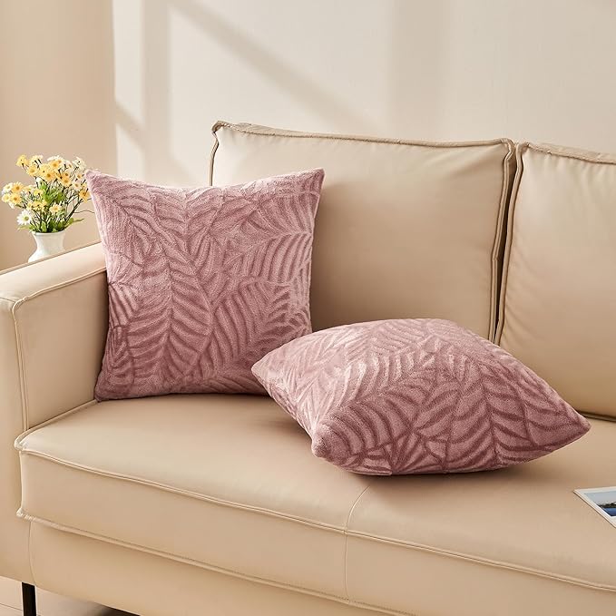 SOCHOW Decorative Throw Pillow Covers 18x18 Inches Set of 2, Soft Leaves Textured Flannel Fleece Pillowcase Square Cushion Covers for Sofa Couch Bed, Dusty Pink