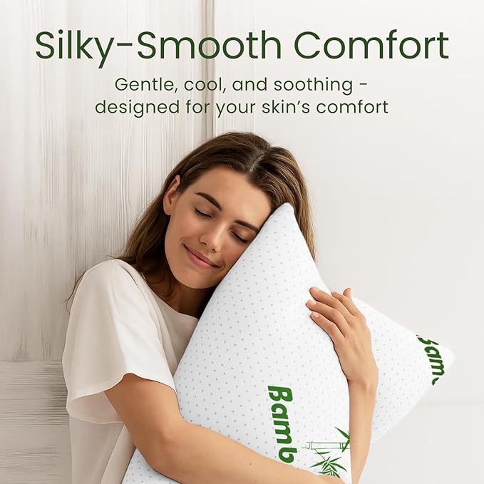 Memory Foam Pillows Queen Size Set of 2 - Cooling Bed Pillows for Sleeping - Back, Stomach, Side Sleeper Soft, Comfy Cool Shredded - 2 Pack, Rayon Derived from Bamboo