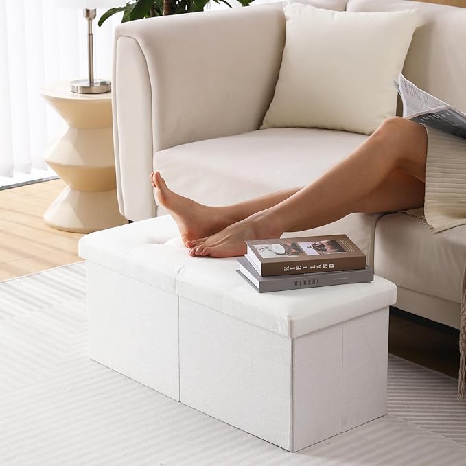 Storage Ottoman Bench Foldable Seat Footrest Shoe Bench End of Bed Storage with Flipping Lid, 75L Storage Space, 30 inches Linen Fabric White, OT026WS