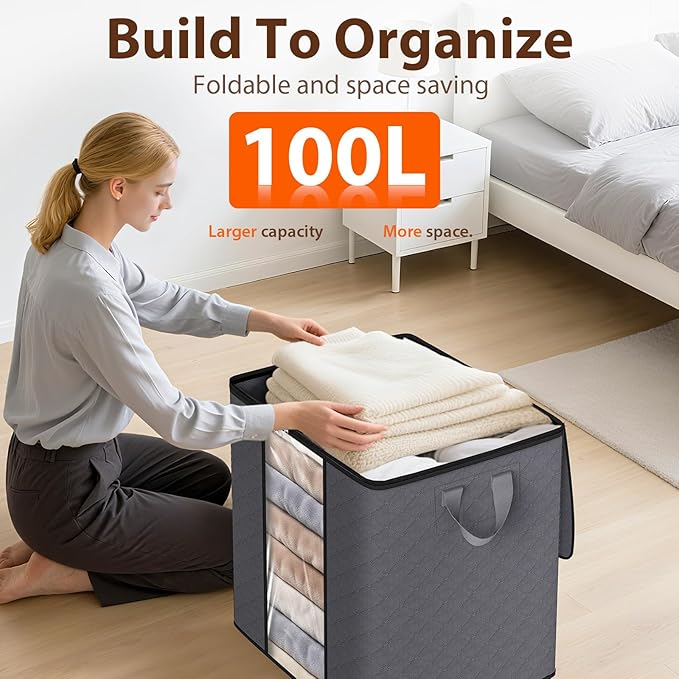 SpaceWhisper 8 Pack 100L Clothes Storage, Foldable Thick Fabric Blanket Storage Bags, Containers for Organizing Bedroom, Closet, Clothing, Comforter,Closet Organization with Handle,Grey