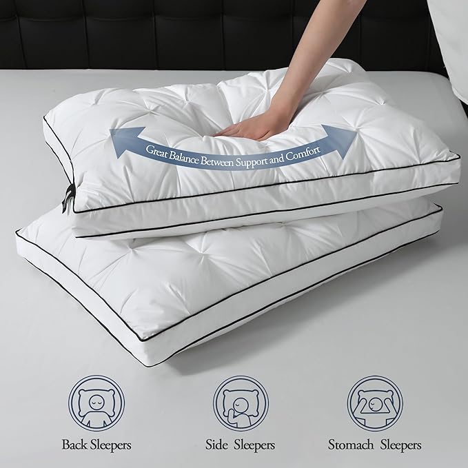 BPC Luxury Goose Feather Down Pillows Queen Size, Gusseted Hotel Bed Pillows for Sleeping, 100% Organic Cotton Cover, Surround Polyester Fill, Soft Fluffy for Sleepers (18"x28" + 2" Gusset, Pack of 2)